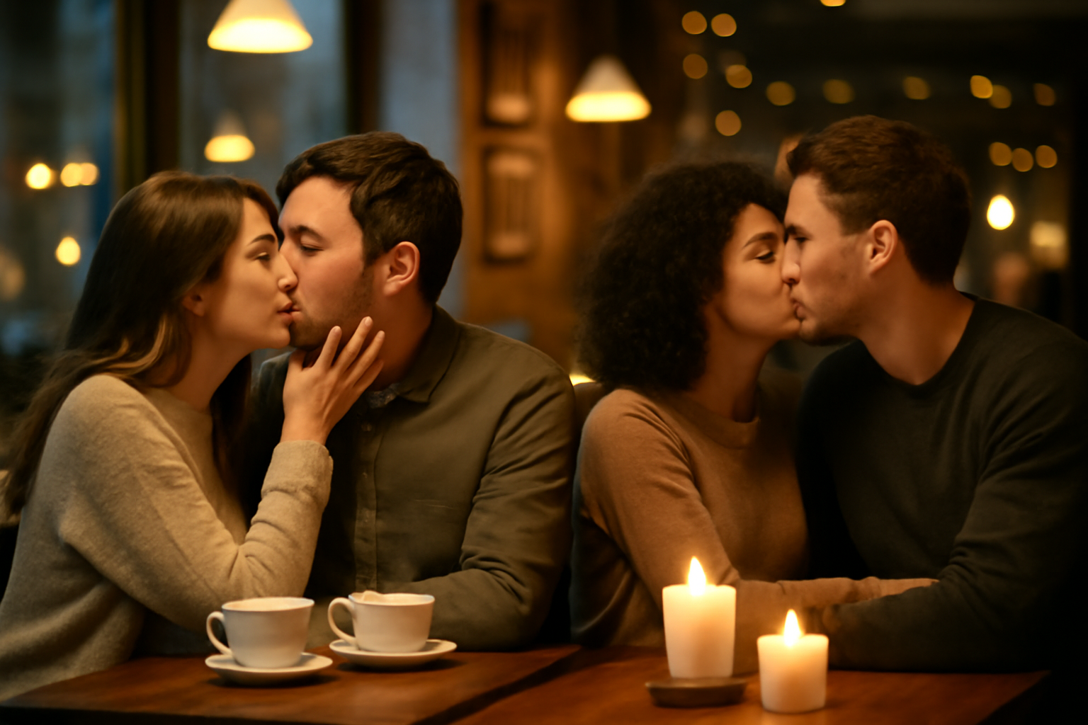 Couples kissing in a cozy café with candlelight
